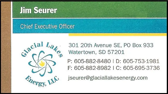 A business card for glacial lakes energy, llc.