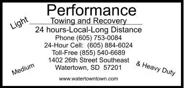 A picture of the back side of a sticker for performance towing and recovery.