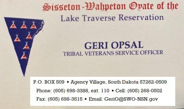 A business card for geri opsal, tribal veterans service officer.